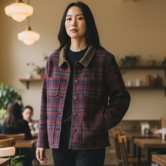 Vintage Pendleton Four Pocket Red Navy Plaid Pattern Button Up Blazer Size 14W - Picture 5 of 13